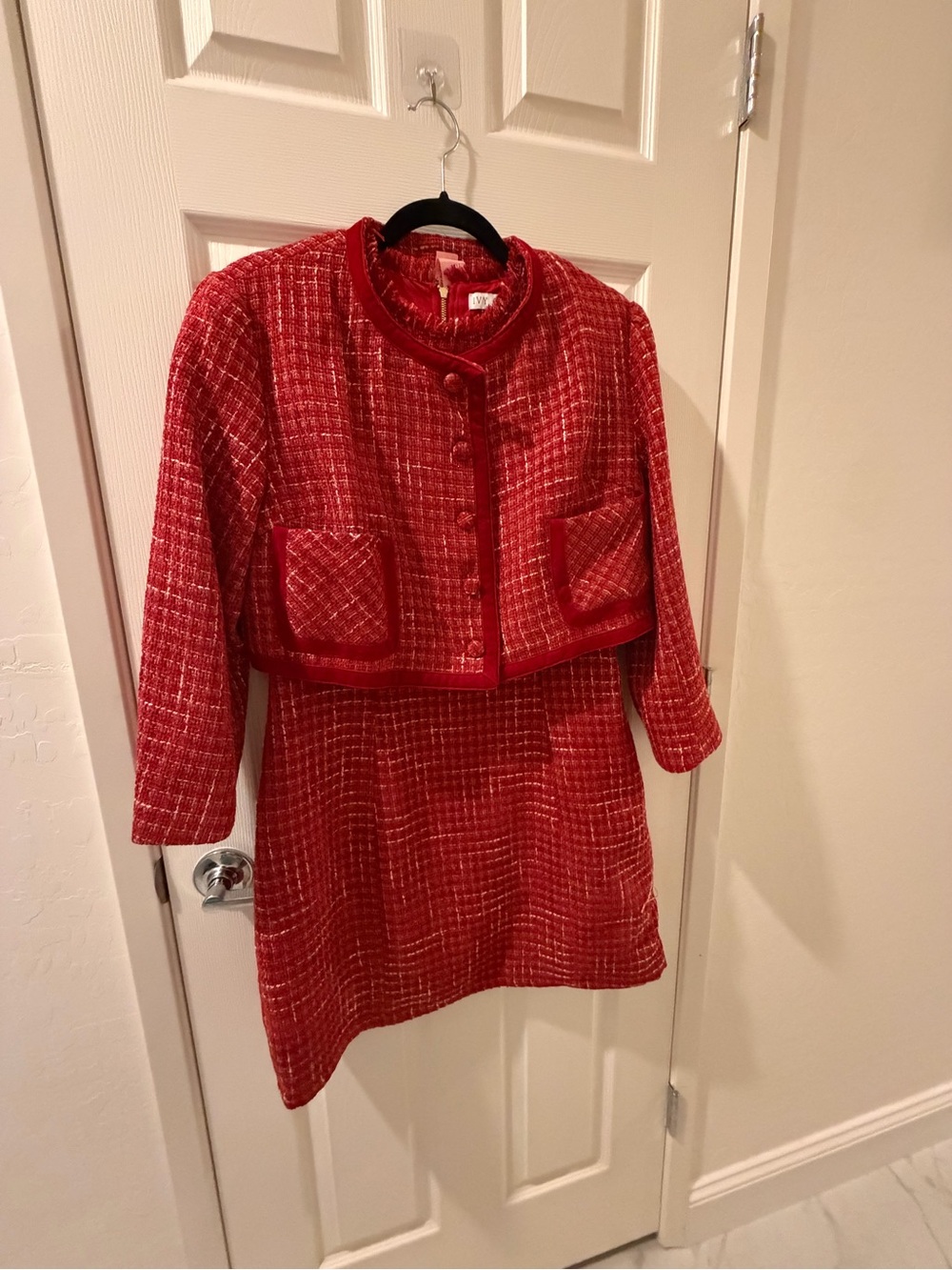 Ivy City Co Red Tweed Skirt Suit with Cropped Jacket
